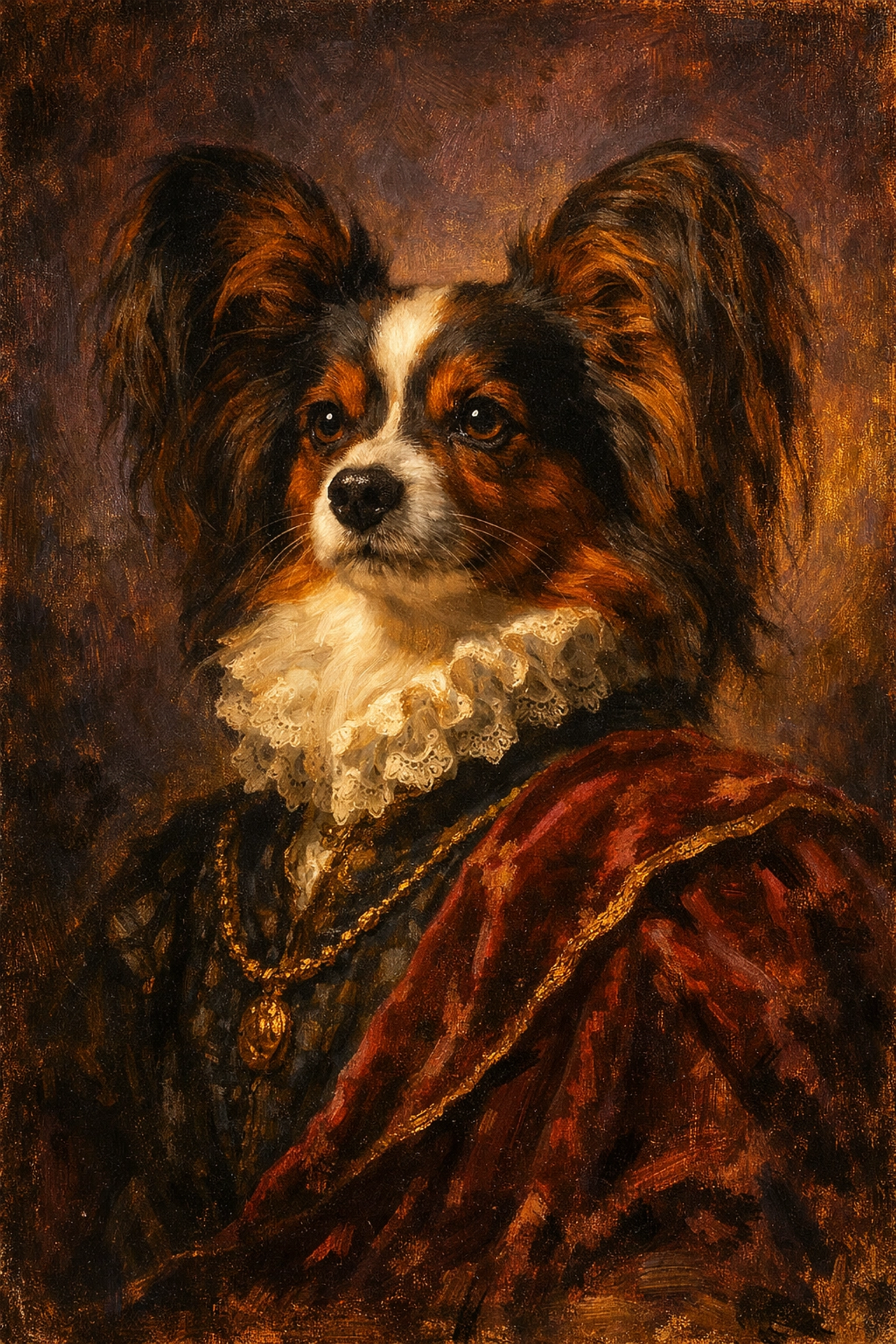 AI-generated Renaissance oil painting pet portrait of a dog with large ears, created using Pictor photo booth software