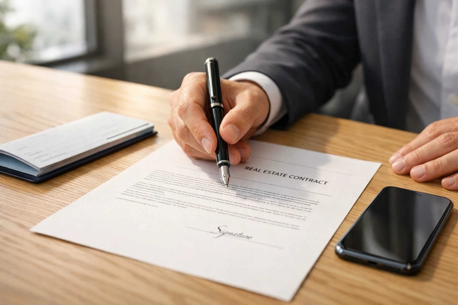Professional signing a real estate contract with an earnest money checkbook on an oak desk.