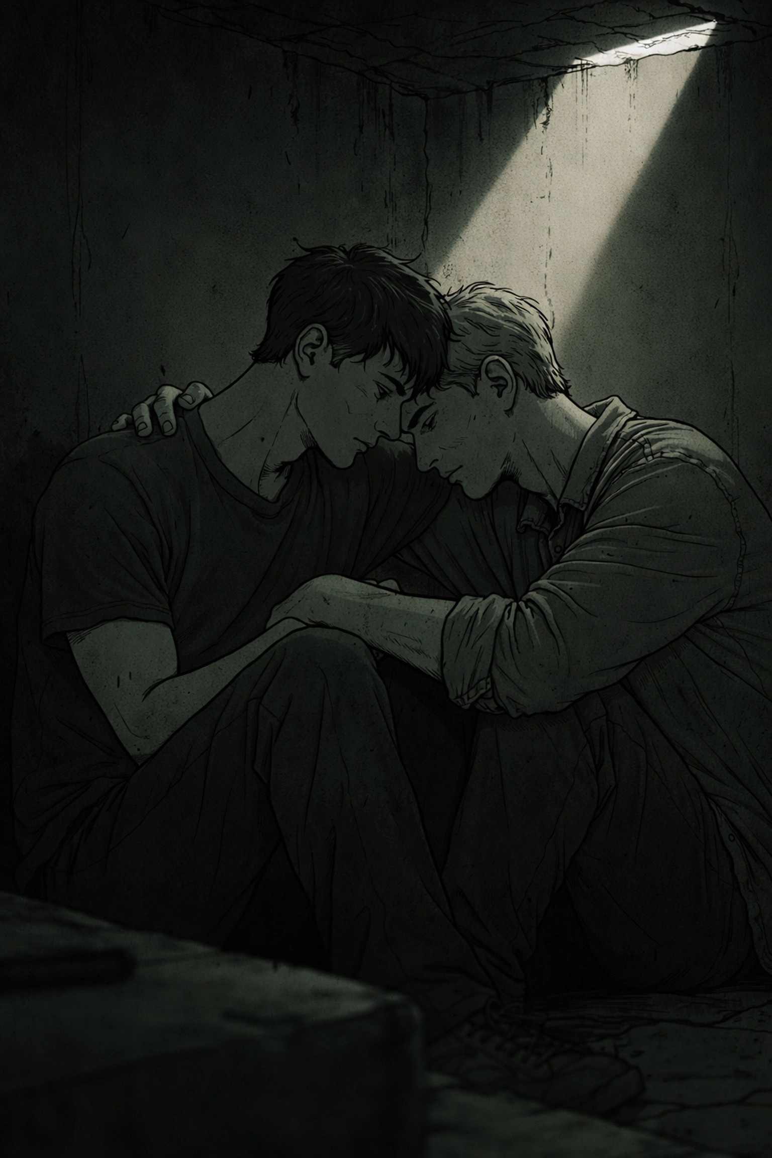 Two men huddle close in a dark confined space, highlighting the emotional intensity and enduring MM romance amidst the horror of Dust and Bone.