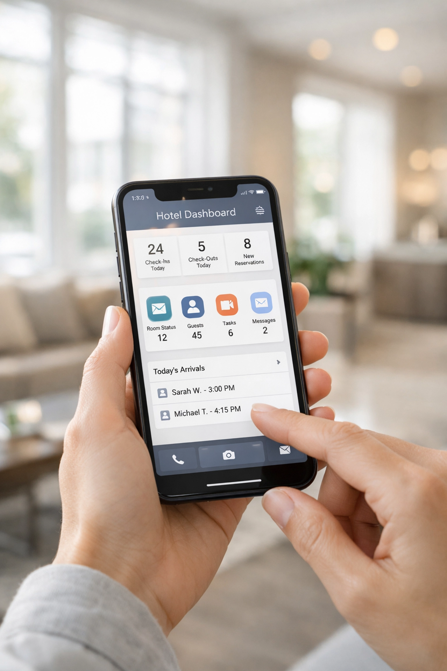 Mobile hotel management system interface enabling cloud-based property access anywhere