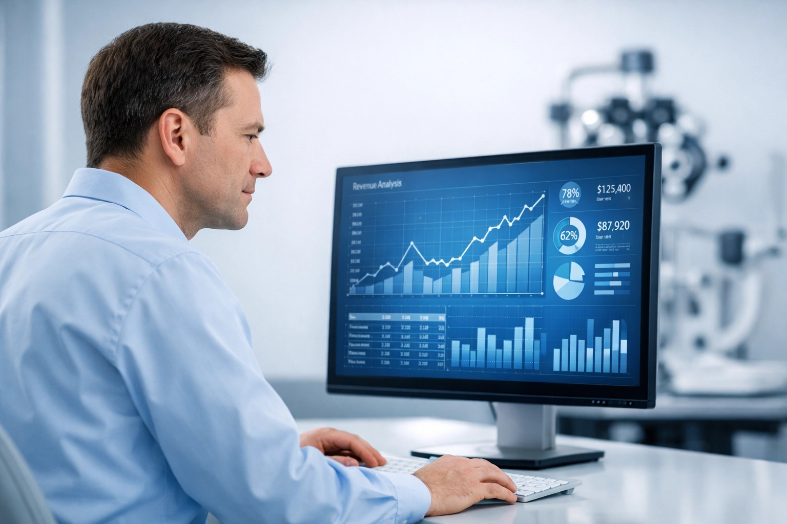 Professional analyzing digital financial charts for optometry revenue cycle management and AR cleanup.