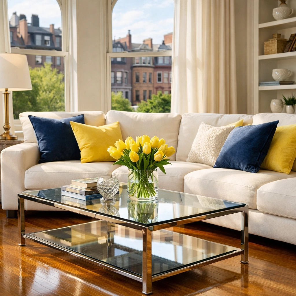 Sunlit living room in Back Bay featuring spotless floors from the best cleaning services Boston.