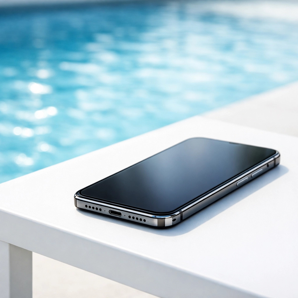 Digital management of pool route customer records using a smartphone near a pristine swimming pool.