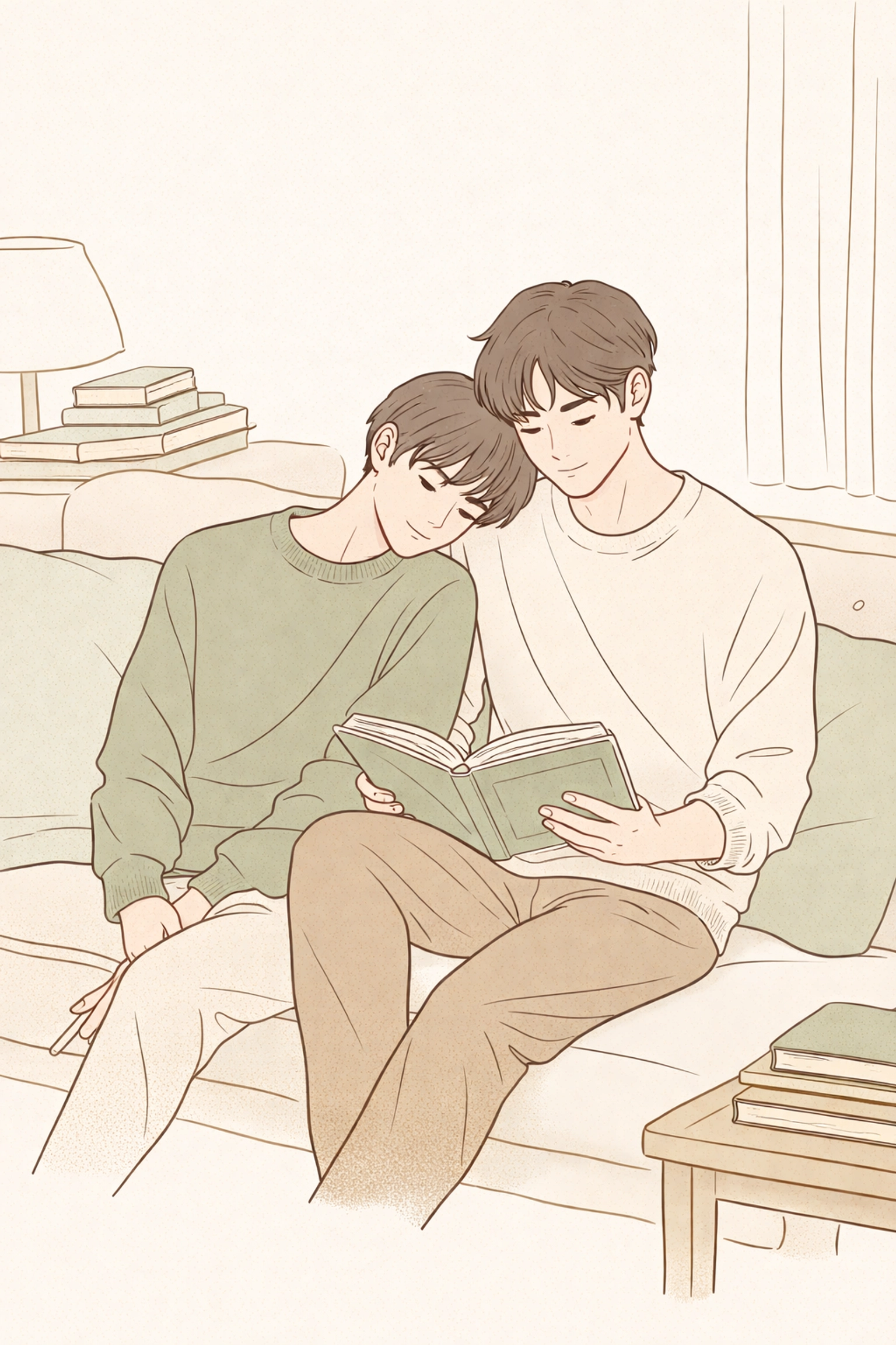 MM couple reading together on a couch, enjoying bisexual romance books