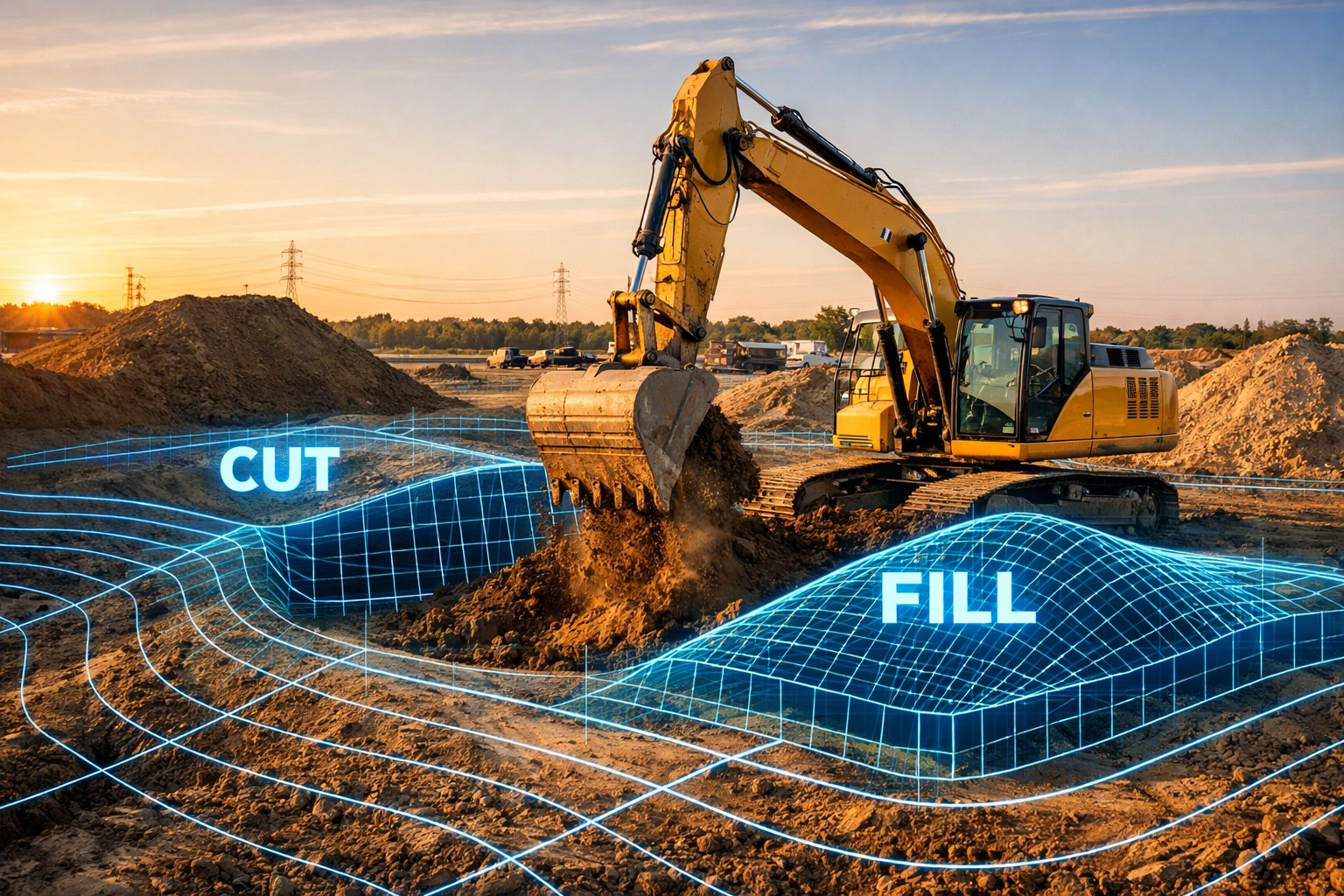 Excavator at an Ontario construction site with technical CAD overlays for site grading and soil management.