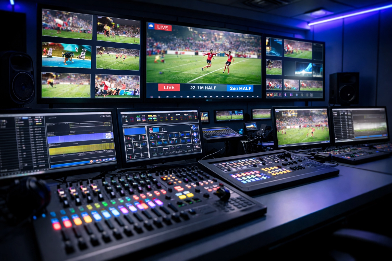 Modern video production control room displaying live sports footage, representing creative framework in sports media