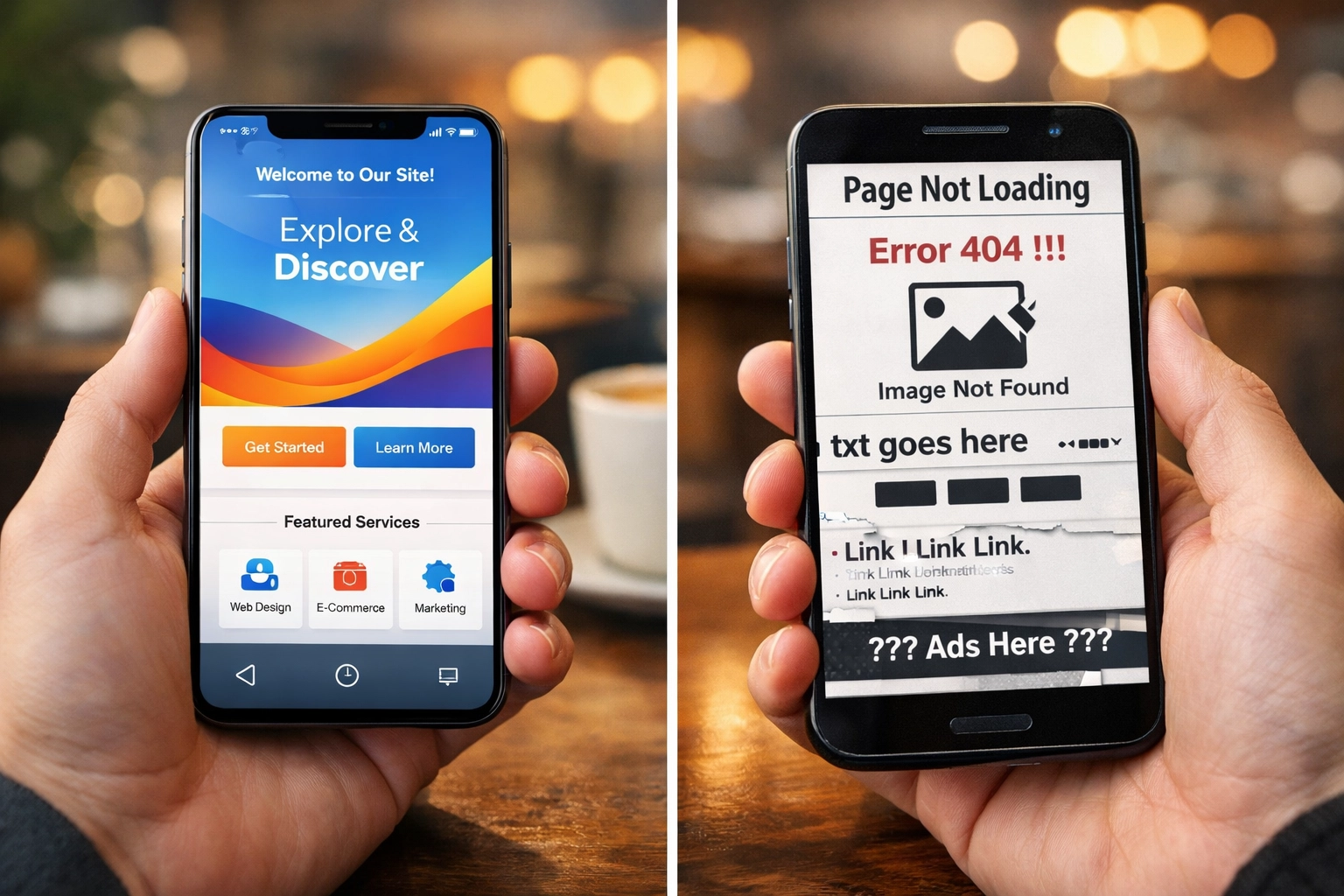 Mobile website comparison showing responsive design vs broken mobile experience