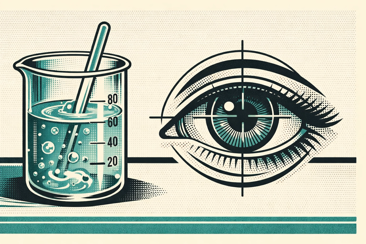 A laboratory beaker with medical gel next to an eye, depicting the science behind restoring sight.