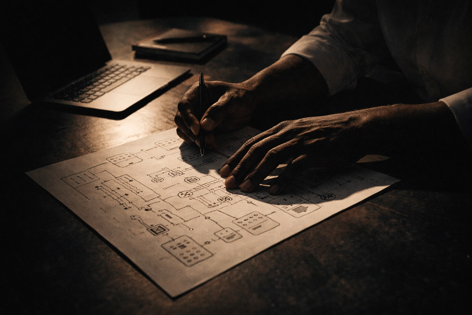 Cinematic close-up of Black or Hispanic hands reviewing a leadership execution plan with laptop and notebook in hard side light