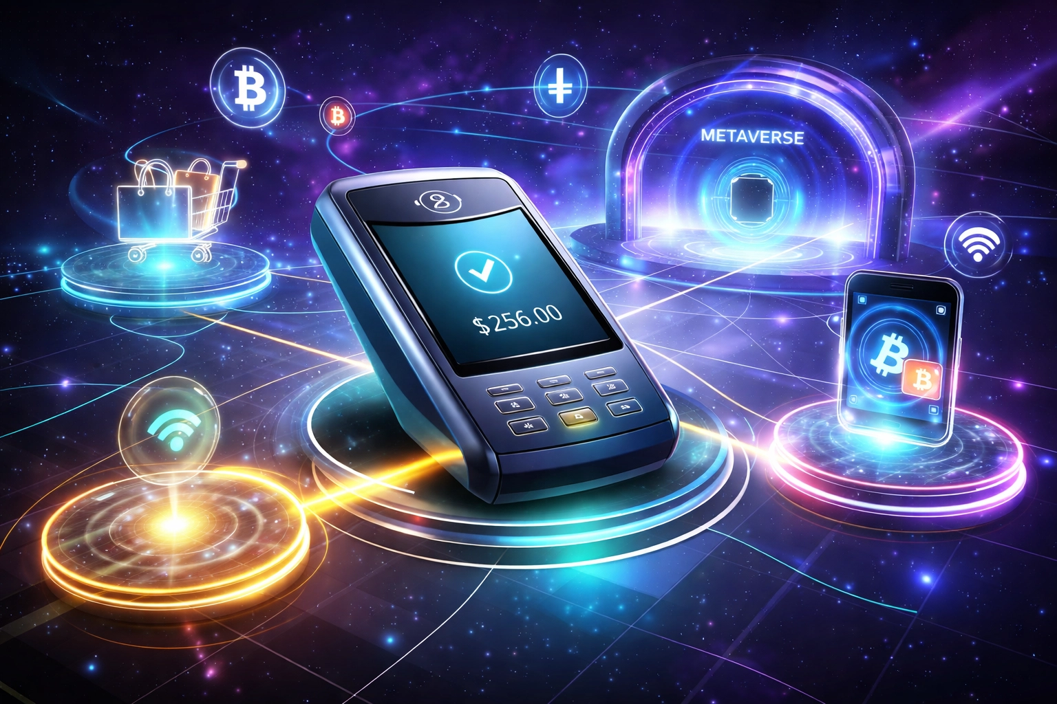 Futuristic digital payment setup connecting e-commerce, mobile, and metaverse networks for Web3 crypto payments