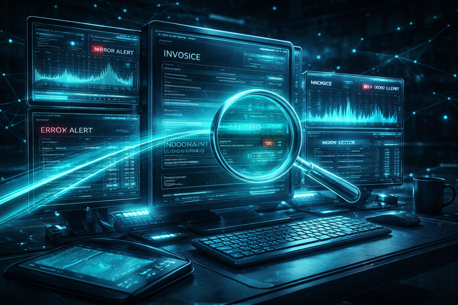 Futuristic workstation highlights telecom invoice analysis and detection of billing discrepancies