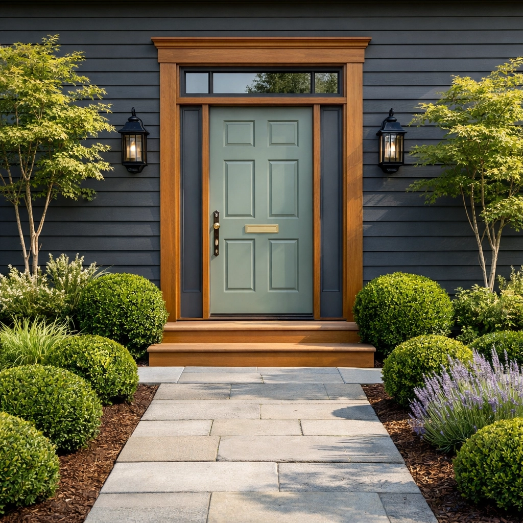 High-end curb appeal of a historic Lakewood home with a manicured front garden and modern architectural details.