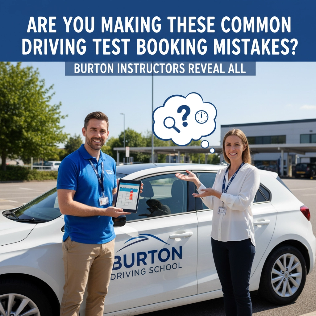 Man and woman smiling beside a Burton Driving School car. He holds a tablet. Text above reads "Are you making these common driving test booking mistakes?"