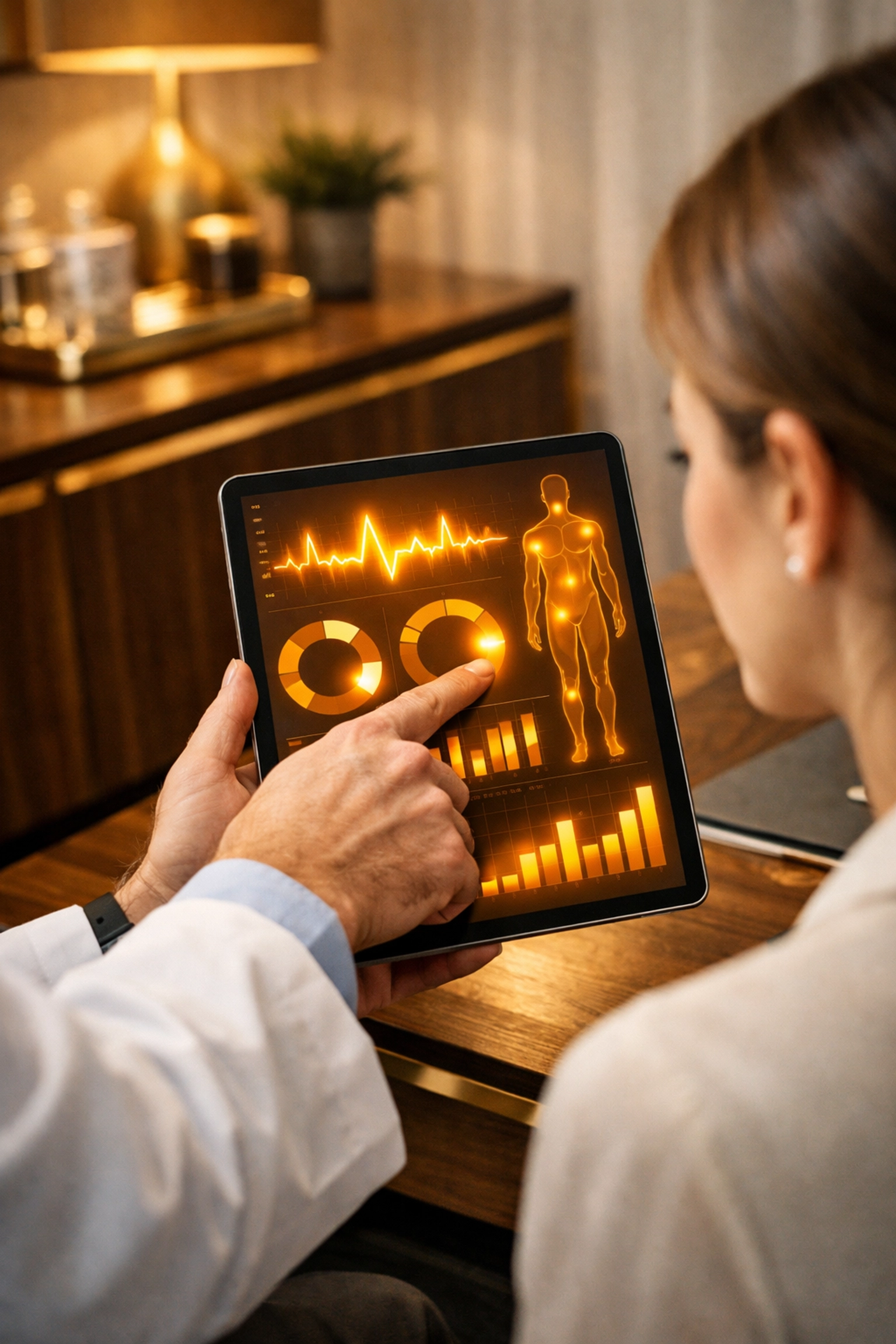 Healthcare provider reviewing data-driven hormone optimization results with a patient in a medical clinic.