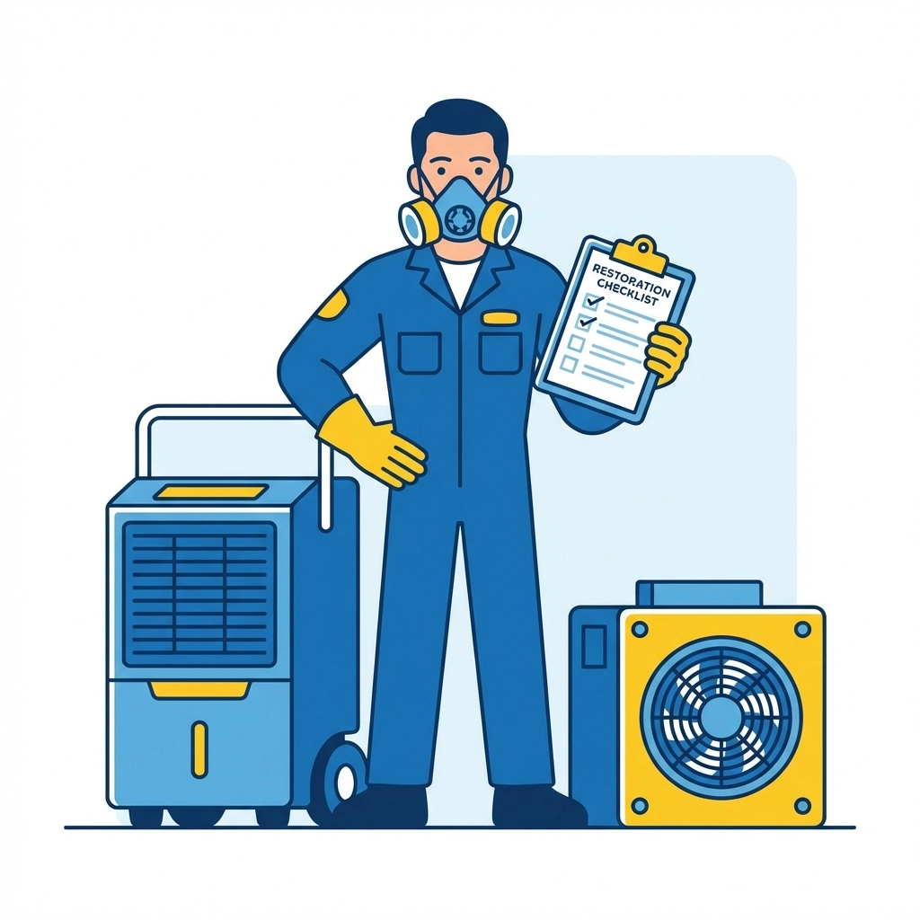Restoration technician in safety gear with equipment, ready for certified sewage clean up services