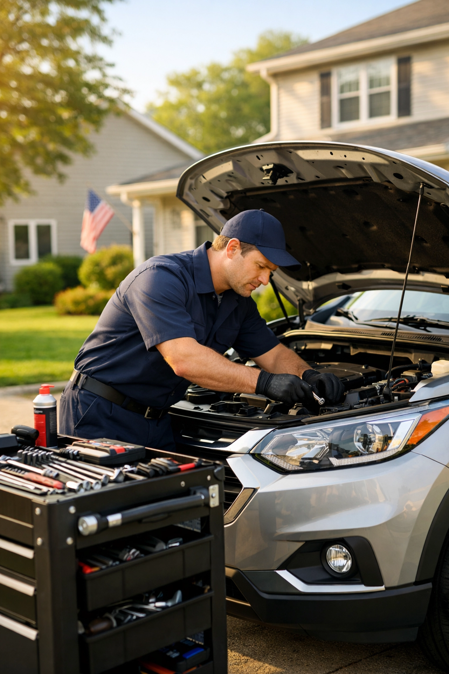 Mobile mechanic performing car service in Green Bay residential driveway