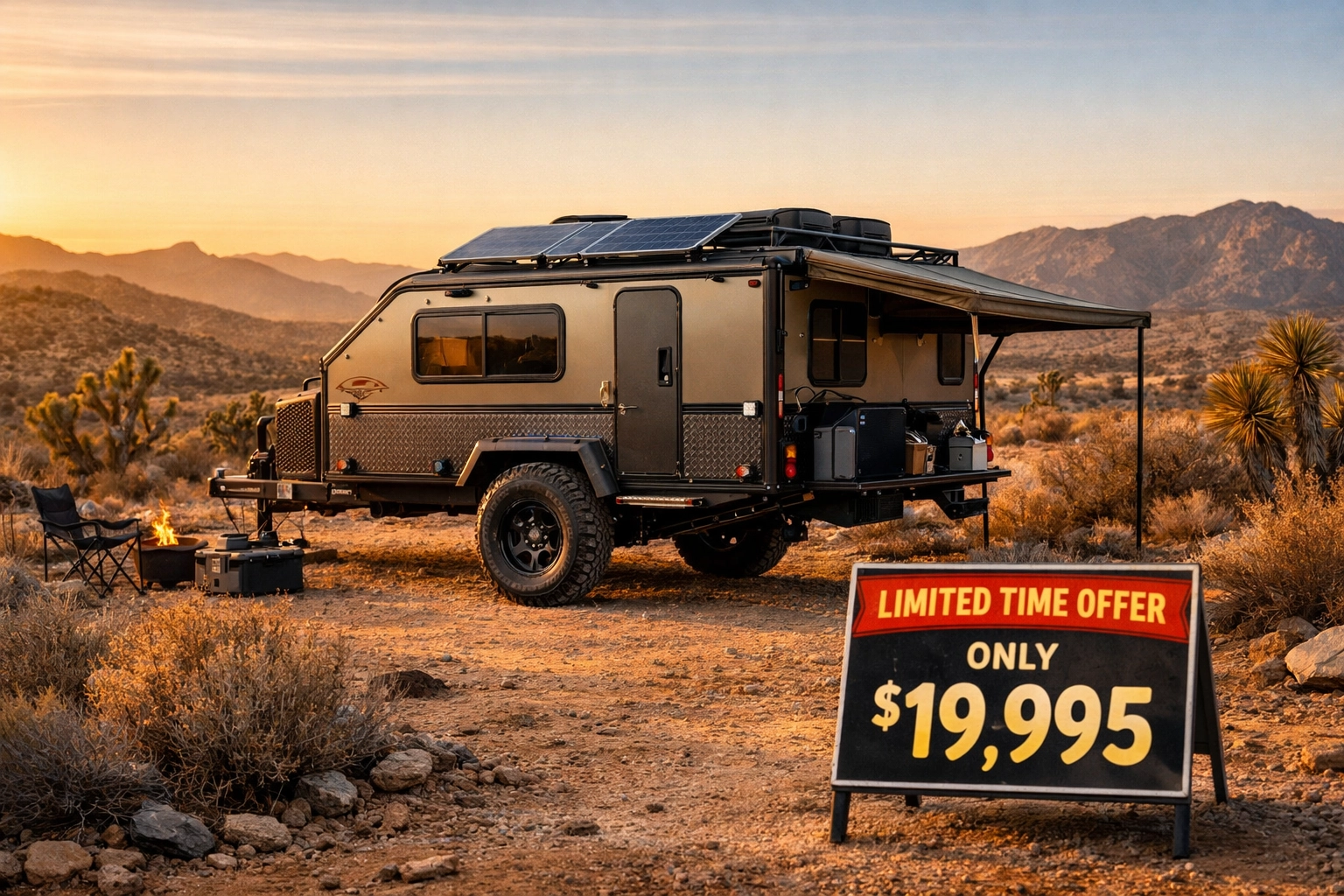 Off-road travel trailer with limited time promotional offer at desert campsite during sunset