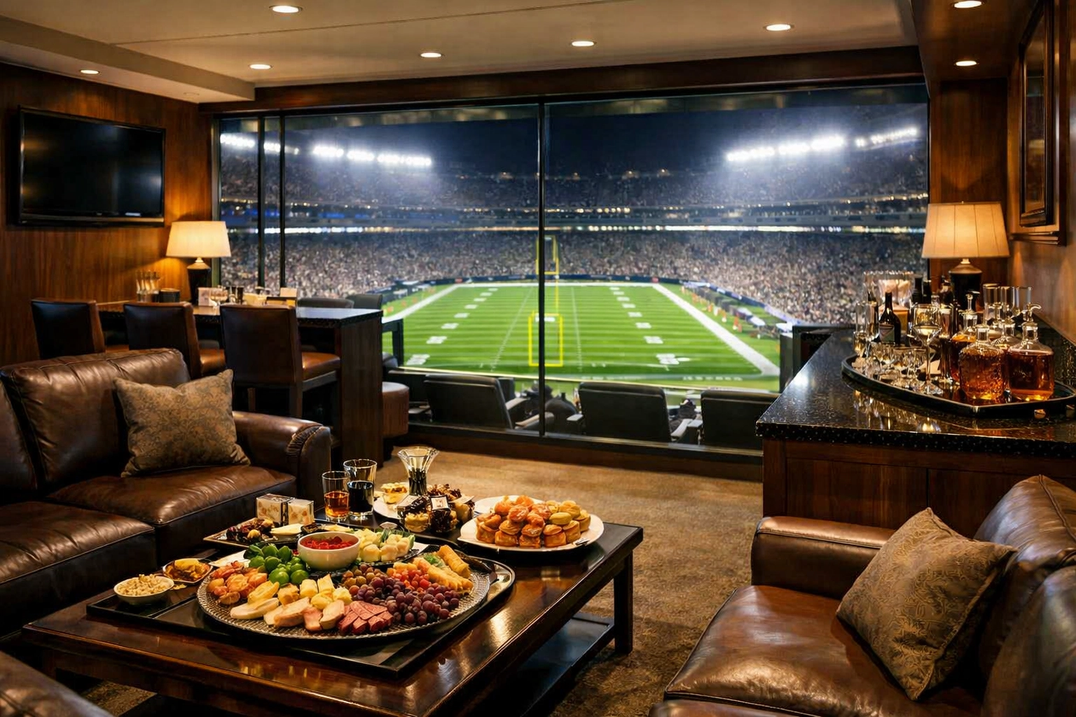 Upscale corporate suite inside a football stadium for VIP hospitality and networking.