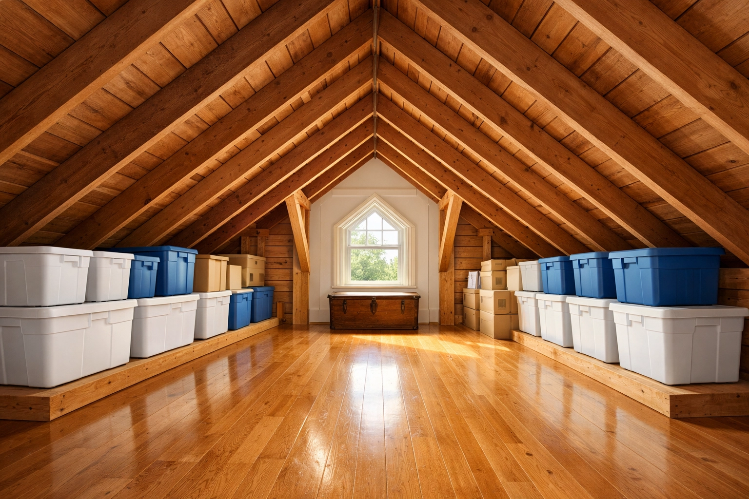 Professionally cleaned attic in Lunenburg with organized storage and dust-free rafters.