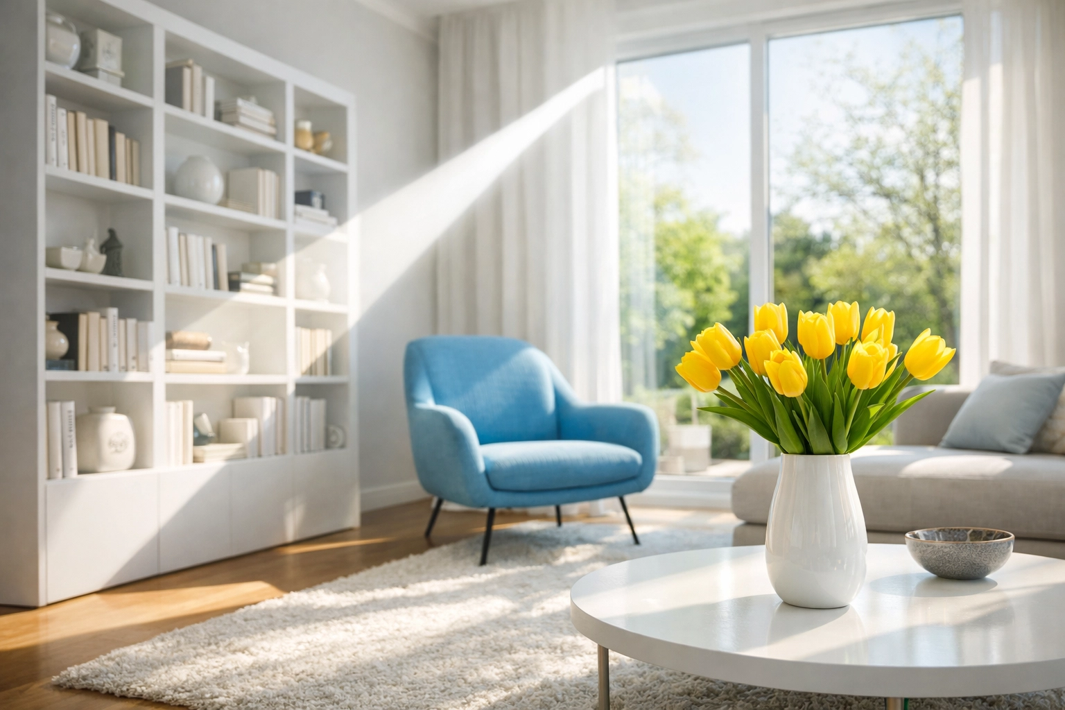 Sunlit dust-free living room with yellow tulips, showcasing clean surfaces to reduce spring allergens.