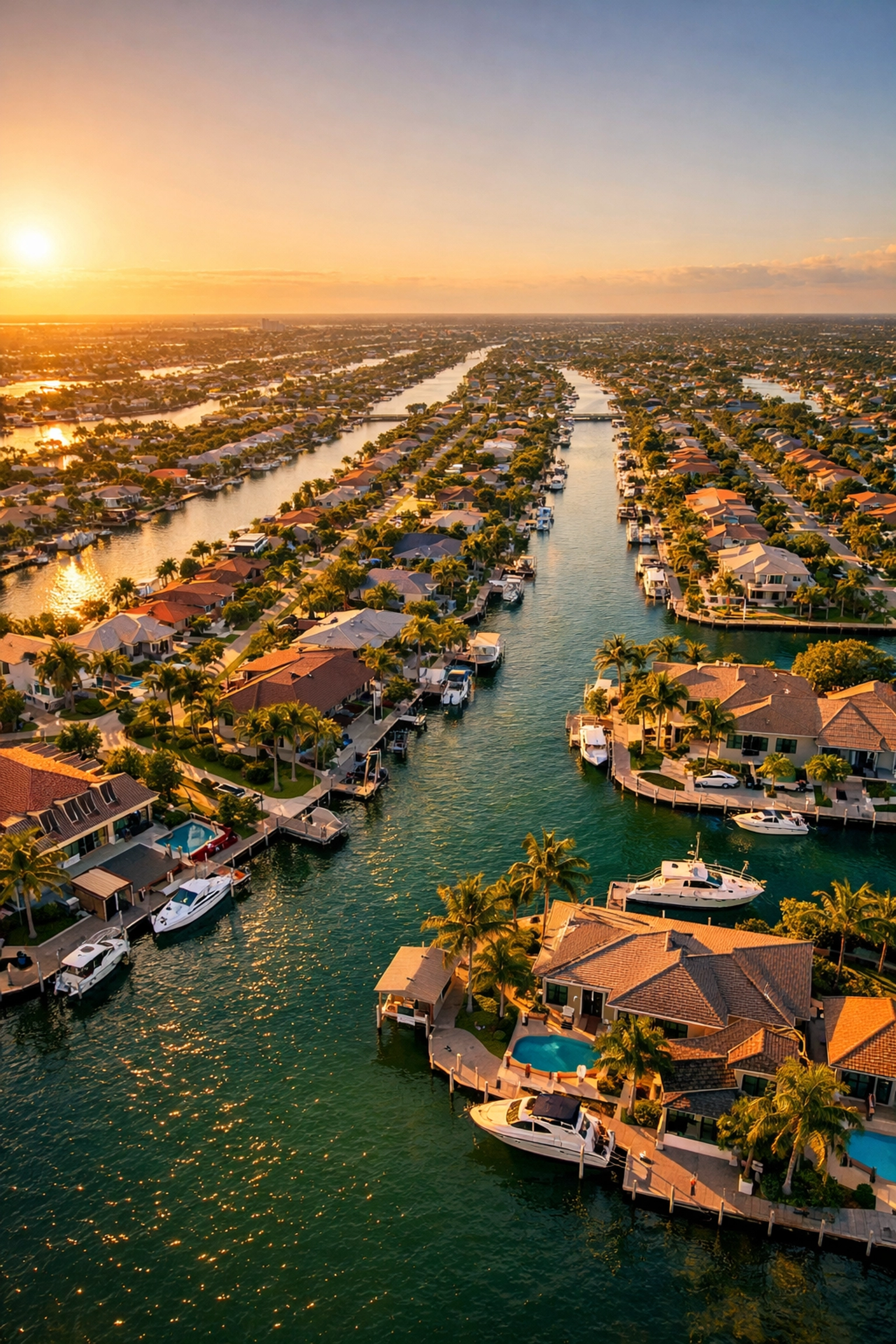 Aerial view of Cape Coral canal system with waterfront homes and boats docked at private docks
