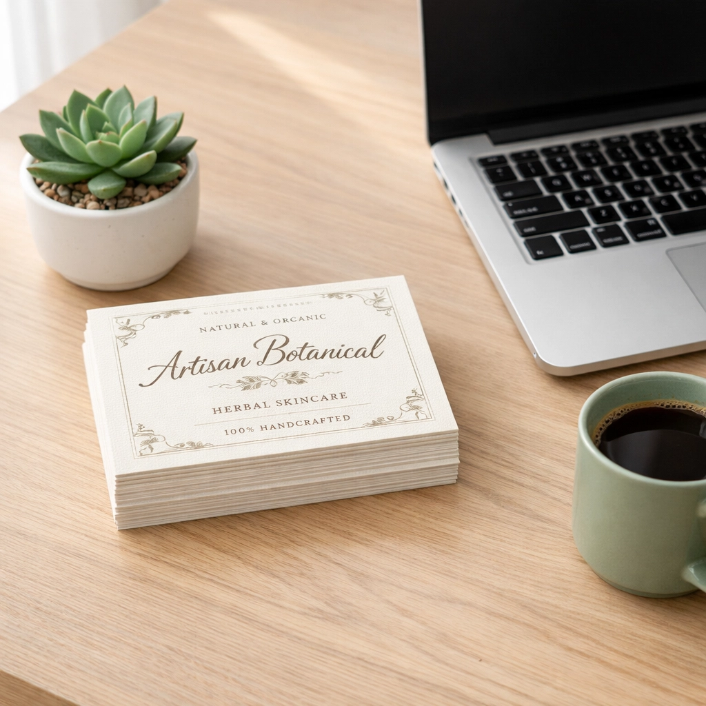 A small stack of custom product labels on a clean desk, showing how short-run printing reduces inventory clutter.