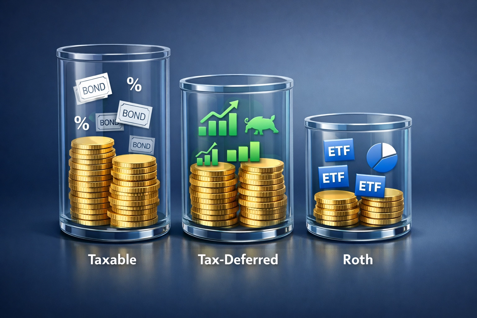 Three account types for tax-efficient asset location strategy: taxable, tax-deferred, and Roth