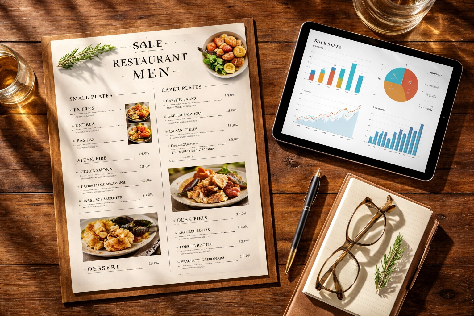 Restaurant menu with tablet displaying sales analytics, illustrating menu engineering for profit mix