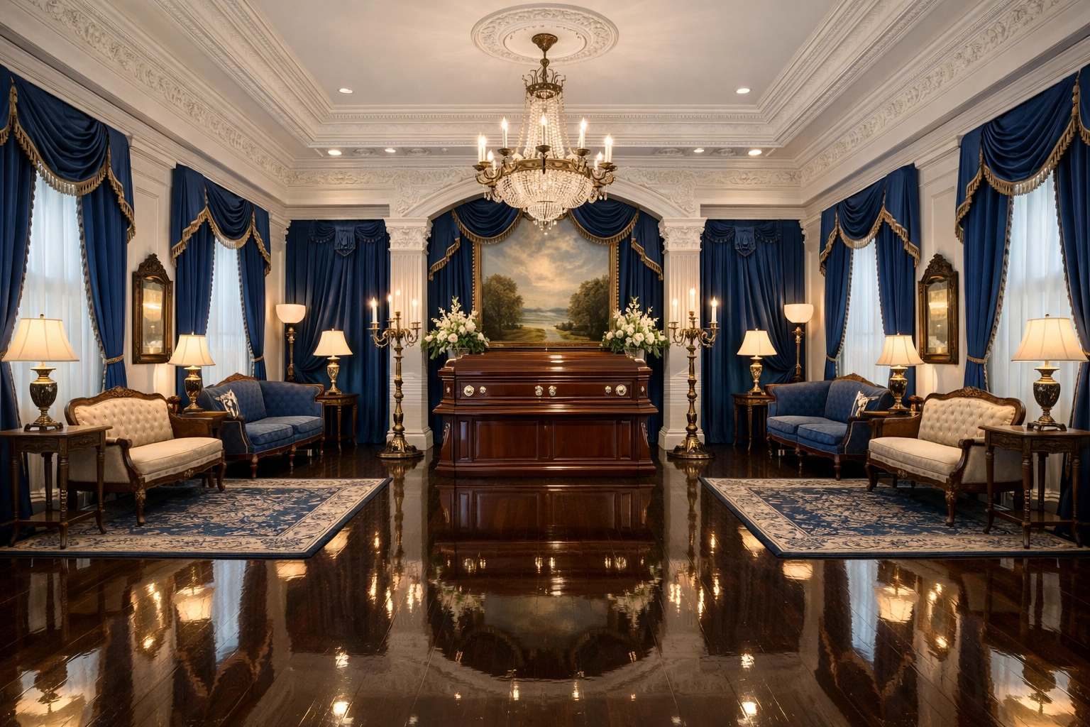 Polished hardwood floors and elegant Victorian parlor decor maintained by professional cleaners.