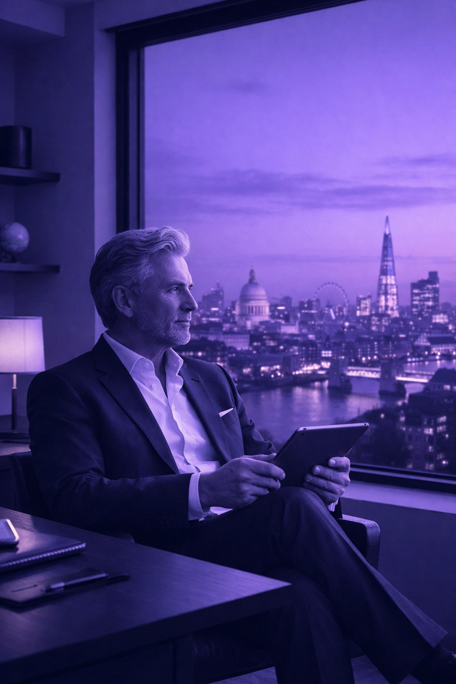 London business leader planning strategy with autonomous AI agents from a modern office.