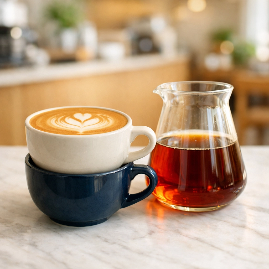A silky latte and single origin pour-over coffee served on a marble counter, showcasing a specialty coffee menu.