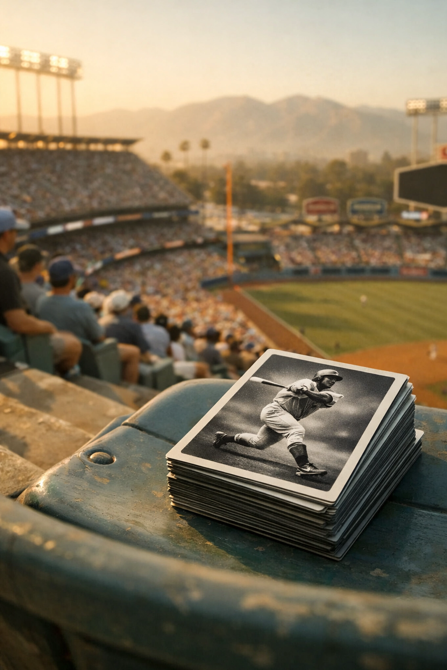 Limited-edition brand collectible cards on a stadium seat during a Los Angeles sports-driven marketing campaign.