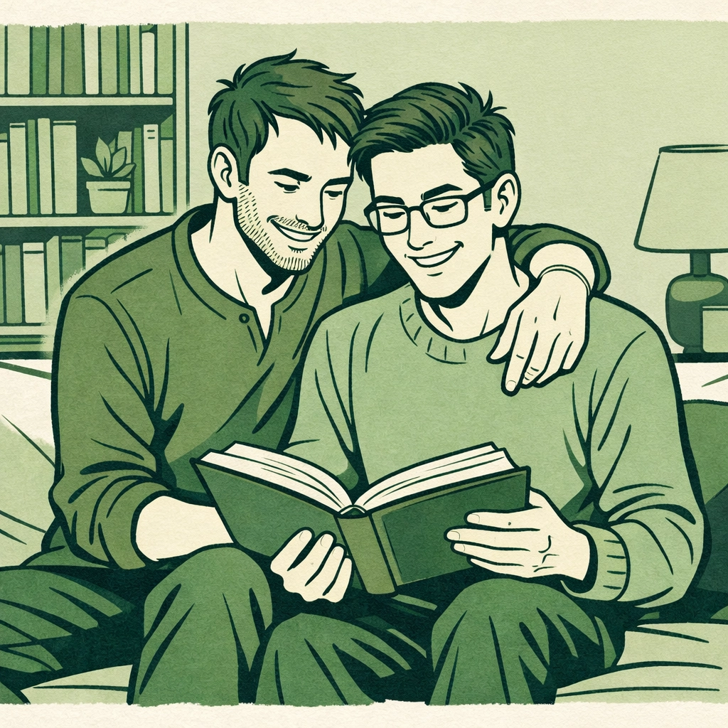 A gay couple sharing a book in a cozy library, building community through a love of gay literature.