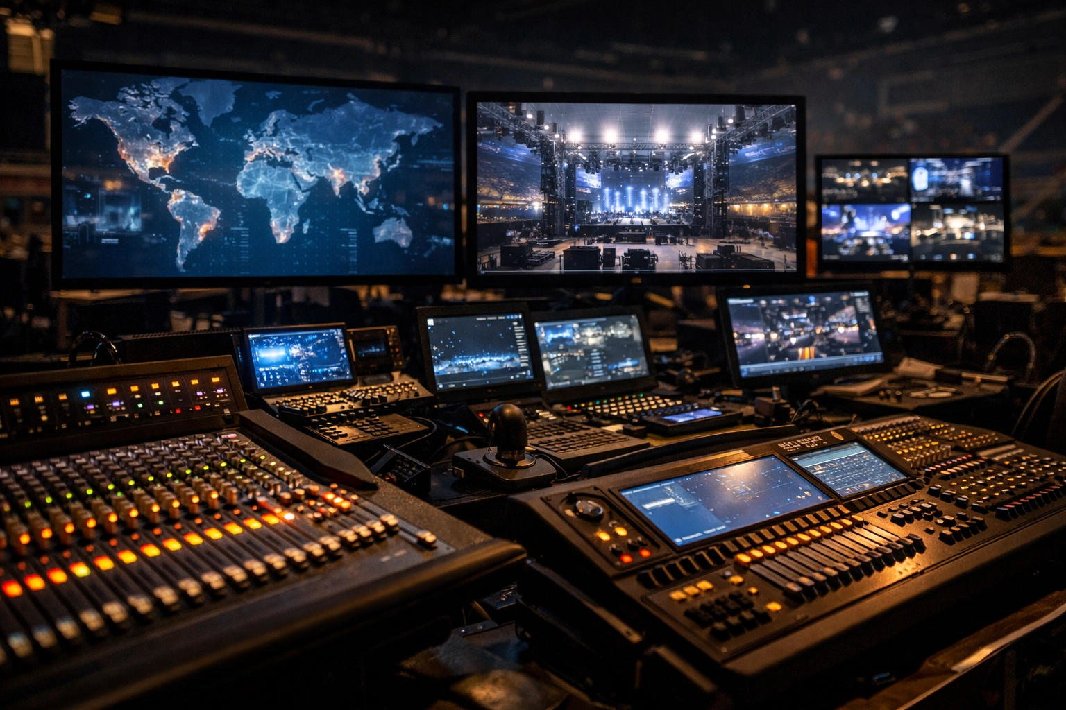 Advanced event production command center with data analytics and lighting controls for global media excellence.