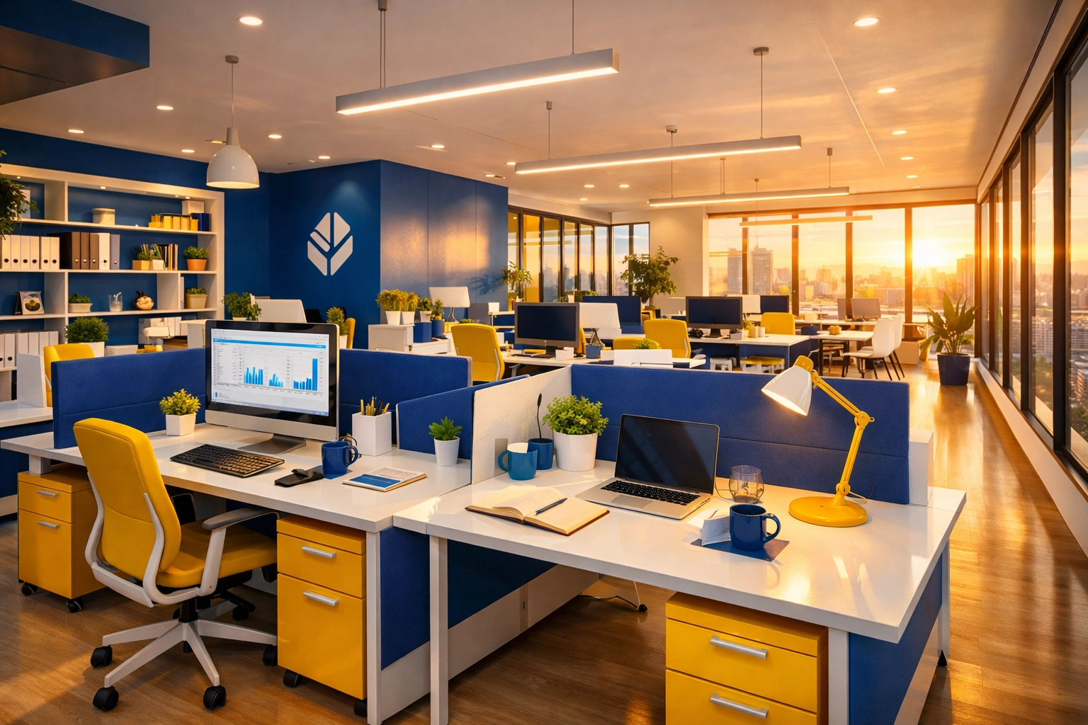 Productive and clean open-plan office workspace in Wilbraham with polished surfaces and blue accents.