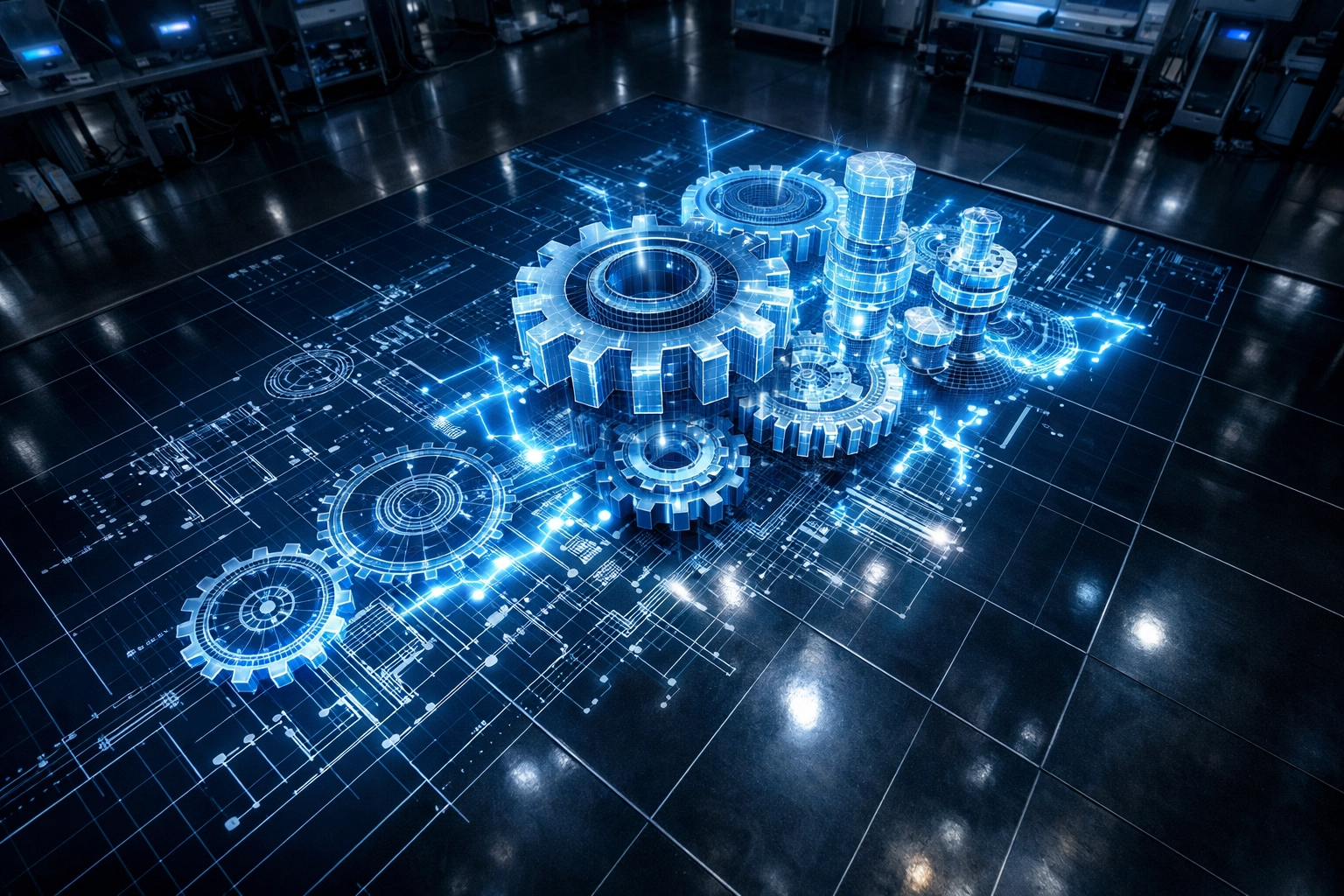 Digital blueprint of a well-oiled business automation system showing optimized process and workflow design.