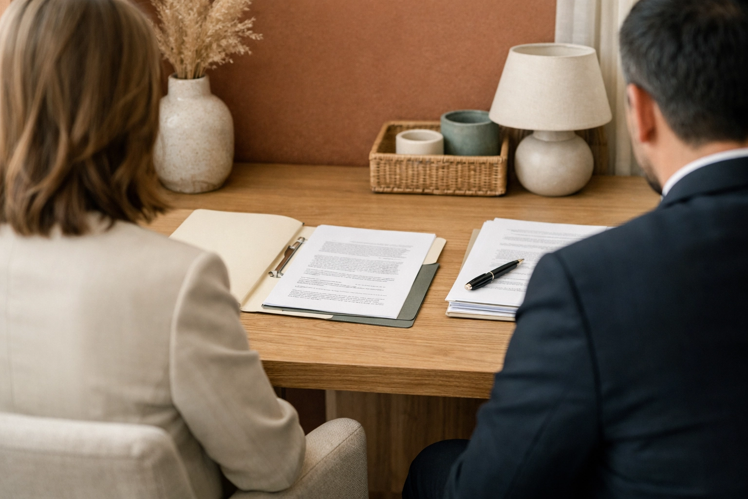 A premium business boho consultation scene in a Fredericksburg law office with warm terracotta, sage, and cream tones and neatly organized divorce paperwork.