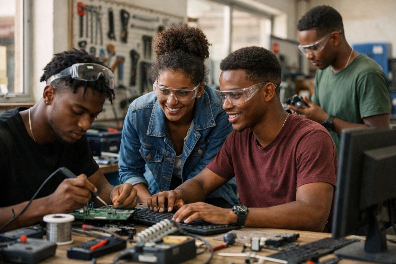 Estudantes cabo-verdianos num ambiente de oficina/laboratório prático em Portugal, com bancadas e equipamentos, a aprender com foco “mãos na massa” (cursos profissionais).