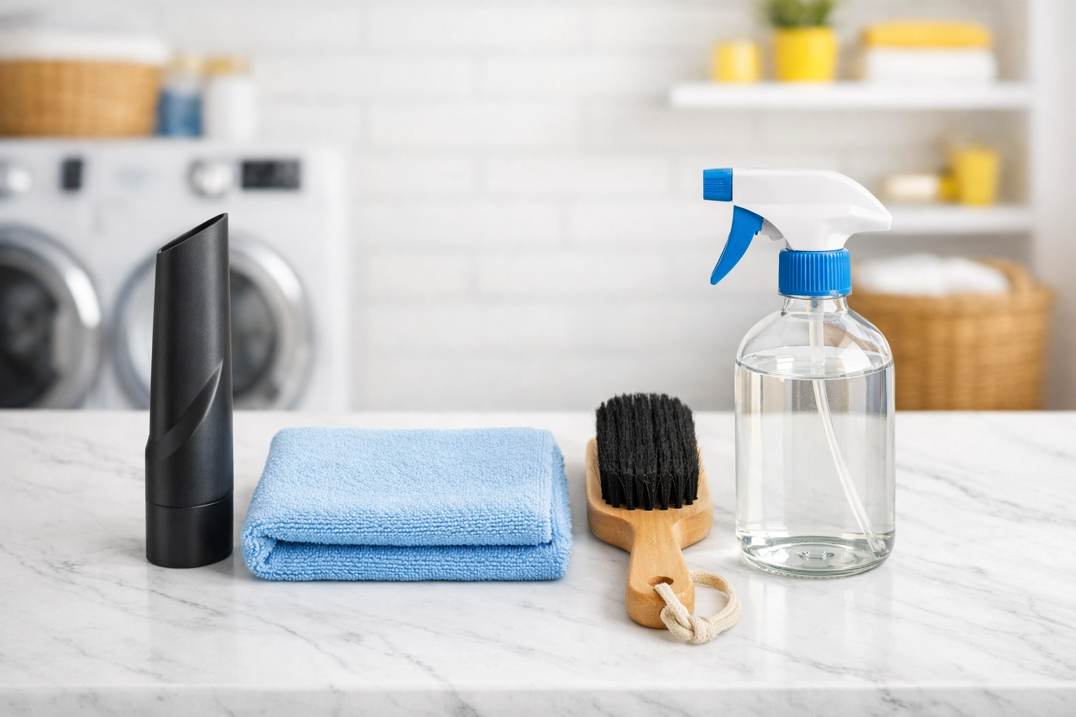 Essential eco-friendly tools for deep dryer lint cleaning and weekly house cleaning maintenance.