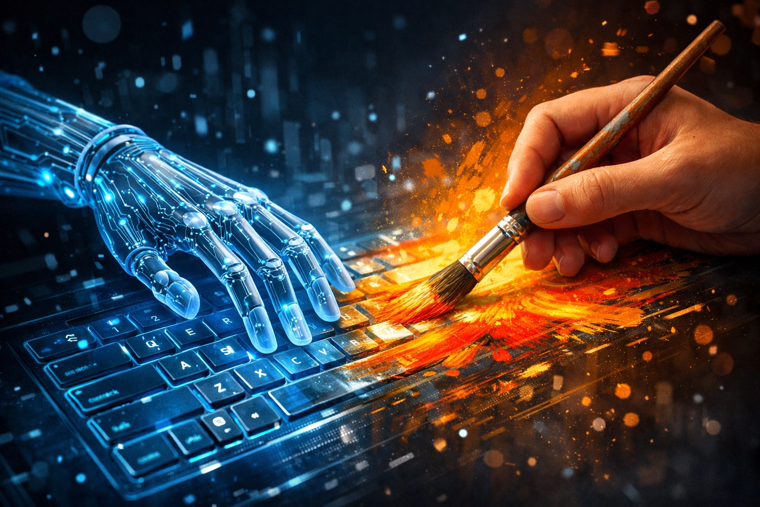 Robot arm and human hand collaborating to create refined, human-centric SEO tips for beginners.