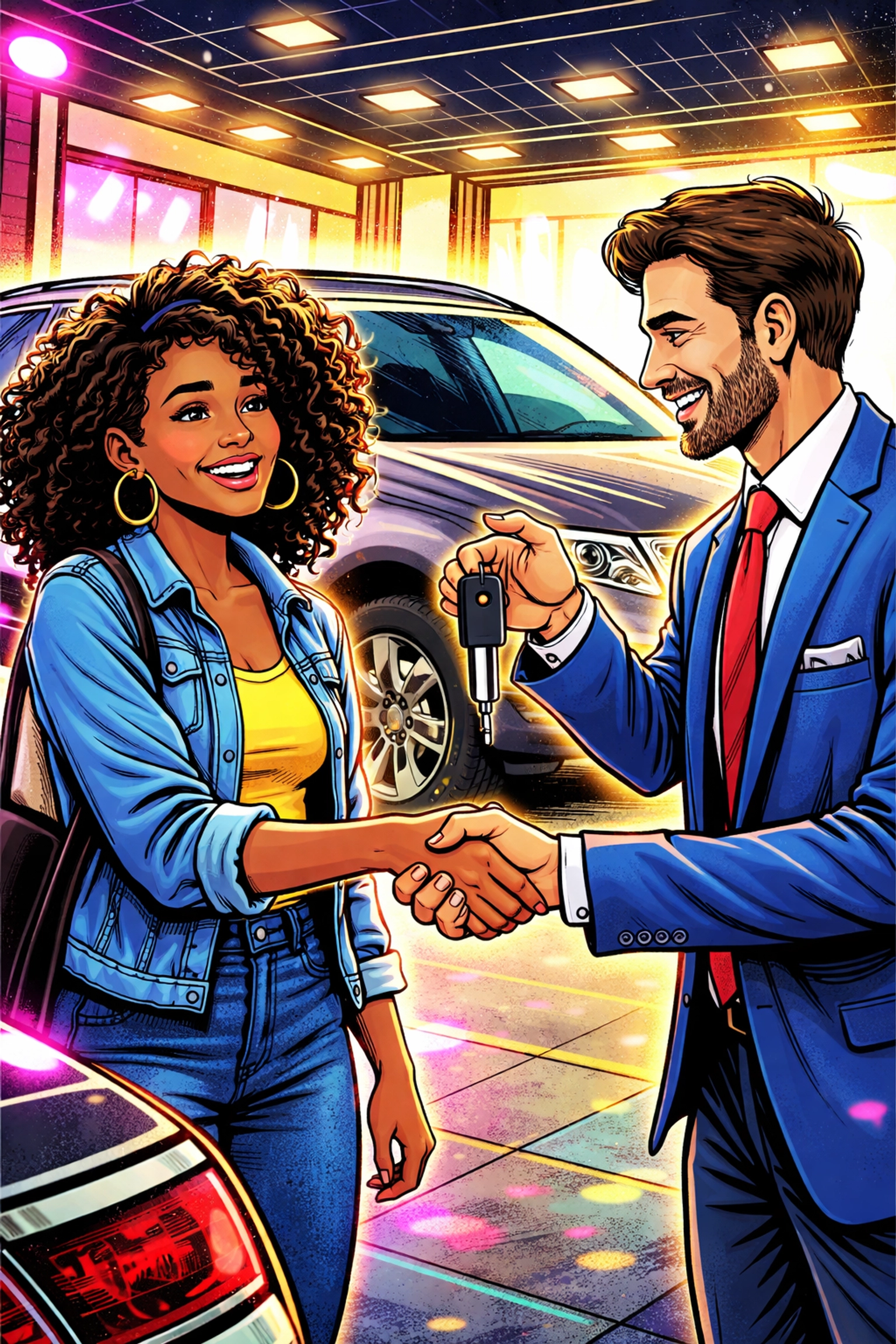 Excited first-time car buyer receives keys from Grateful Motors salesperson at Arnold dealership