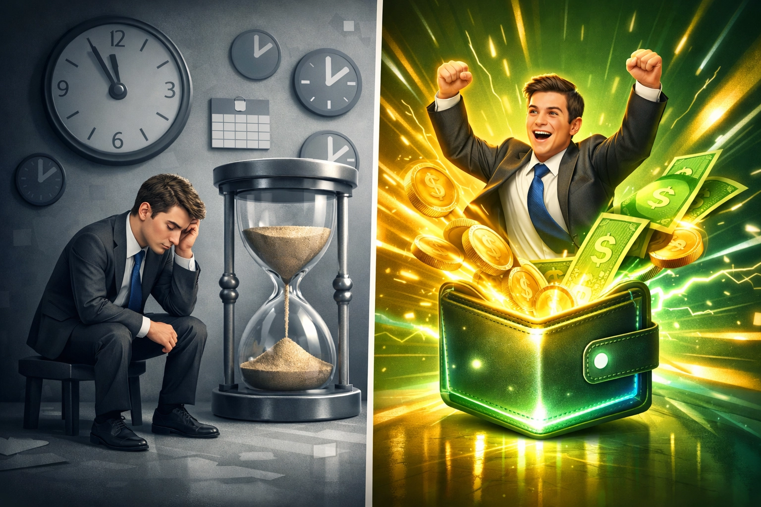 Split comparison showing slow traditional payment processing versus instant Web3 settlement