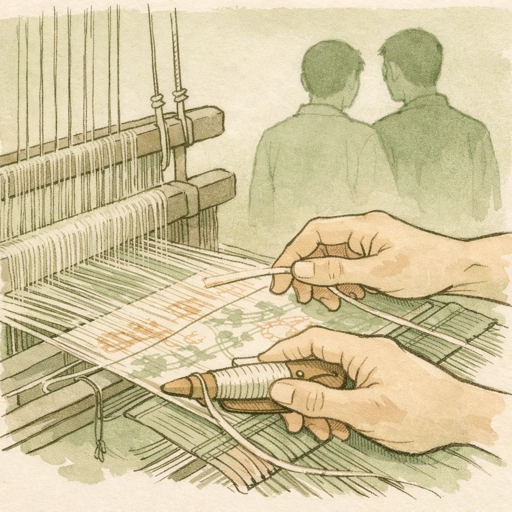 Hands weaving silk on traditional loom symbolizing gay artist's craft and identity in Bali