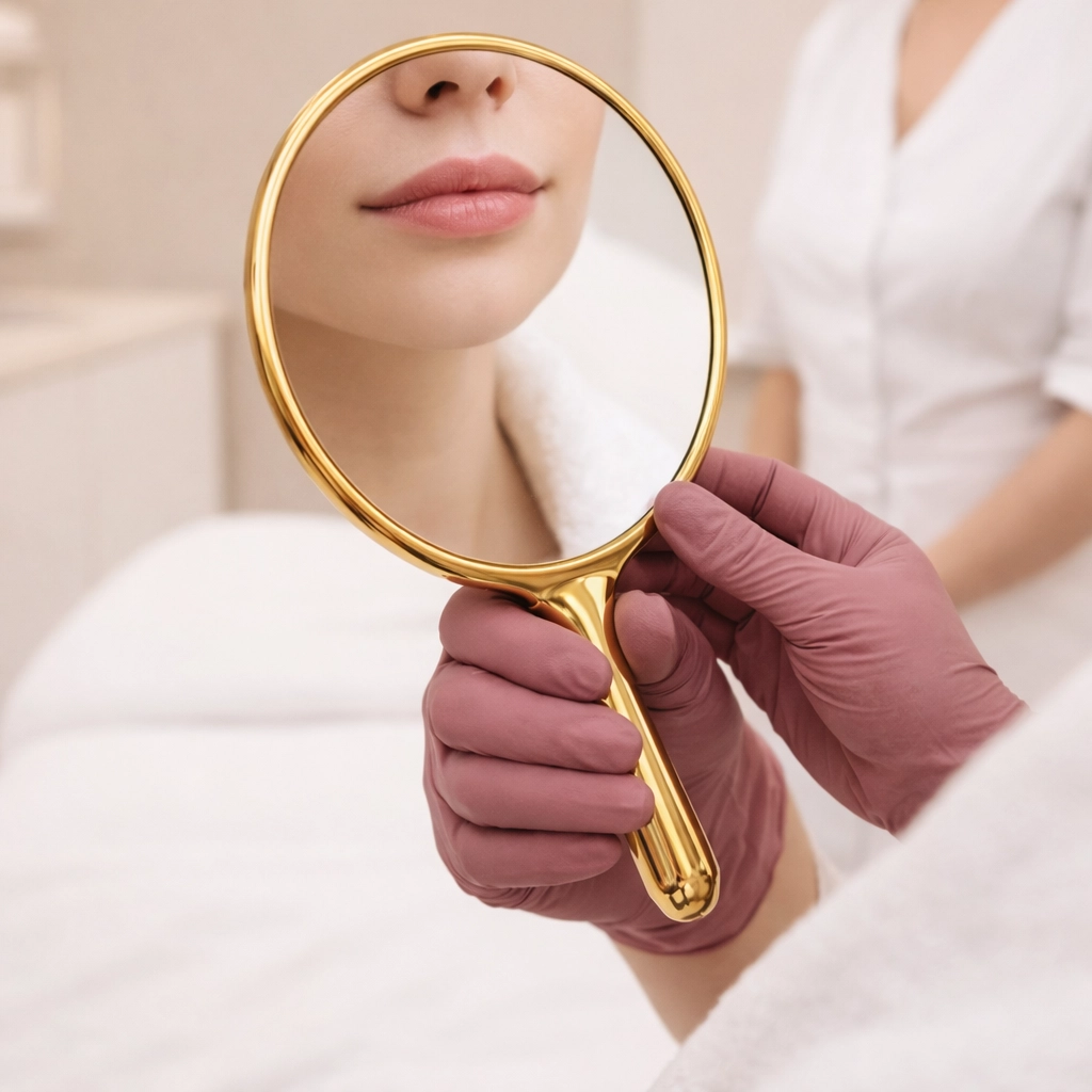 Expert medical aesthetics practitioner in Ringgold holding a mirror for a post-treatment consultation.
