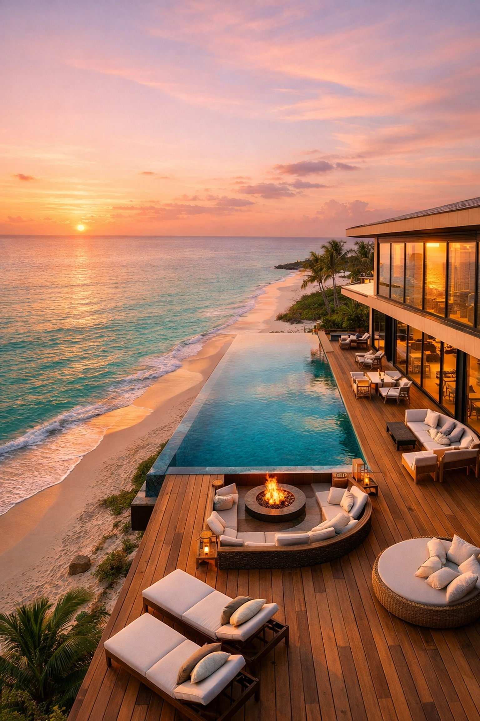 Luxury beachfront vacation rental with infinity pool overlooking ocean at sunset