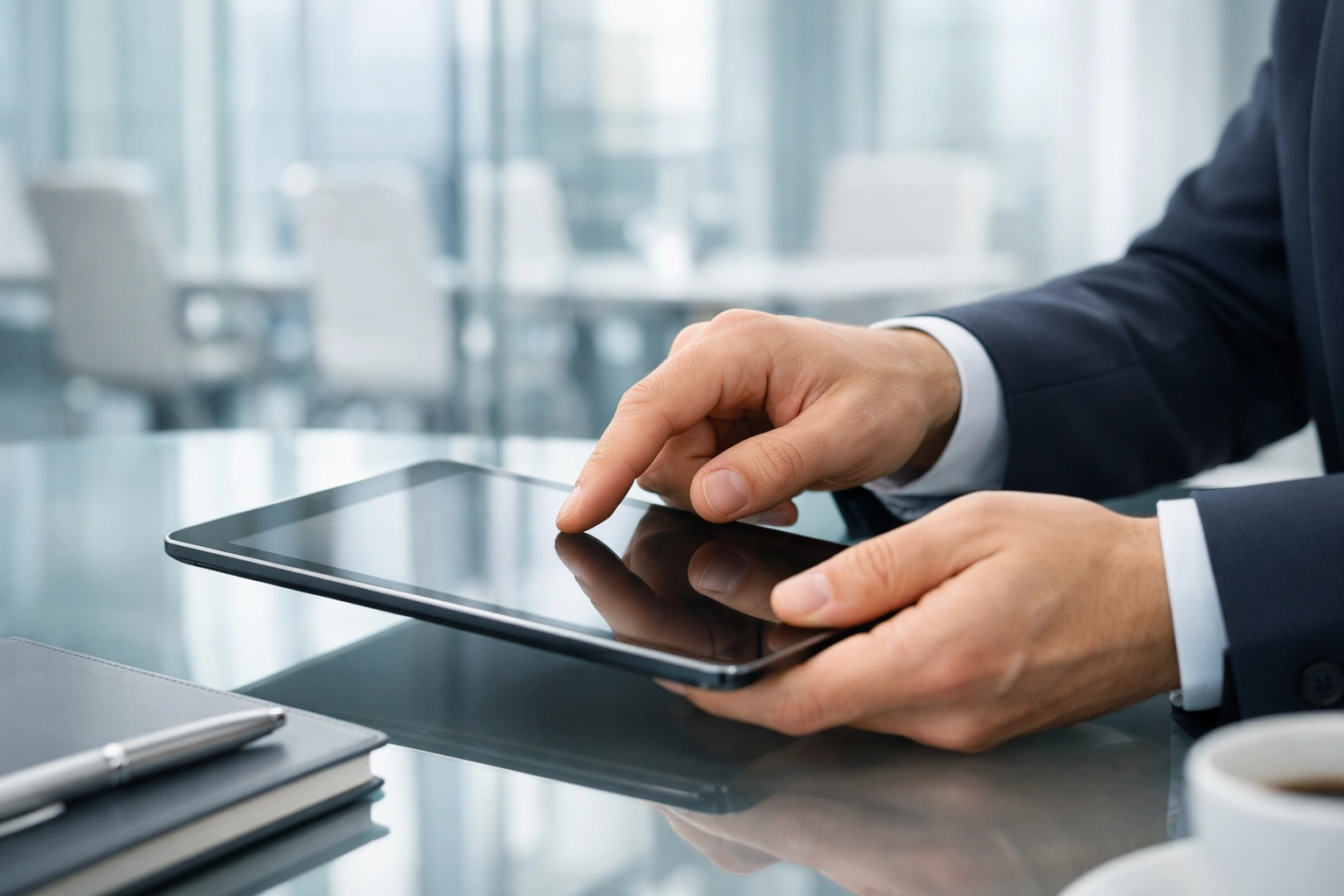 Professional using a tablet to manage office cleaning schedules in a modern conference room.