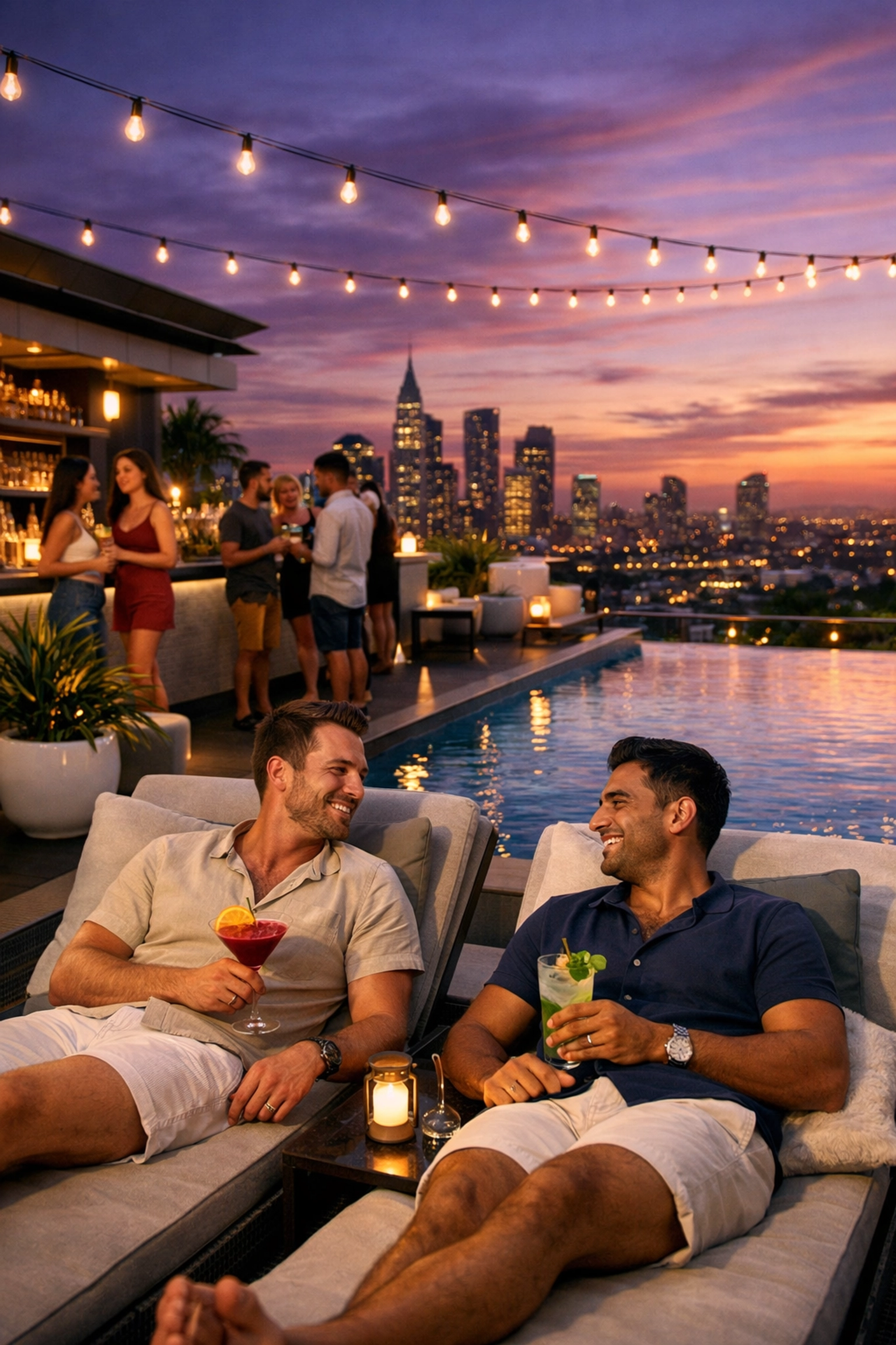 Rooftop pool and lounge area at gay boutique hotel with city views