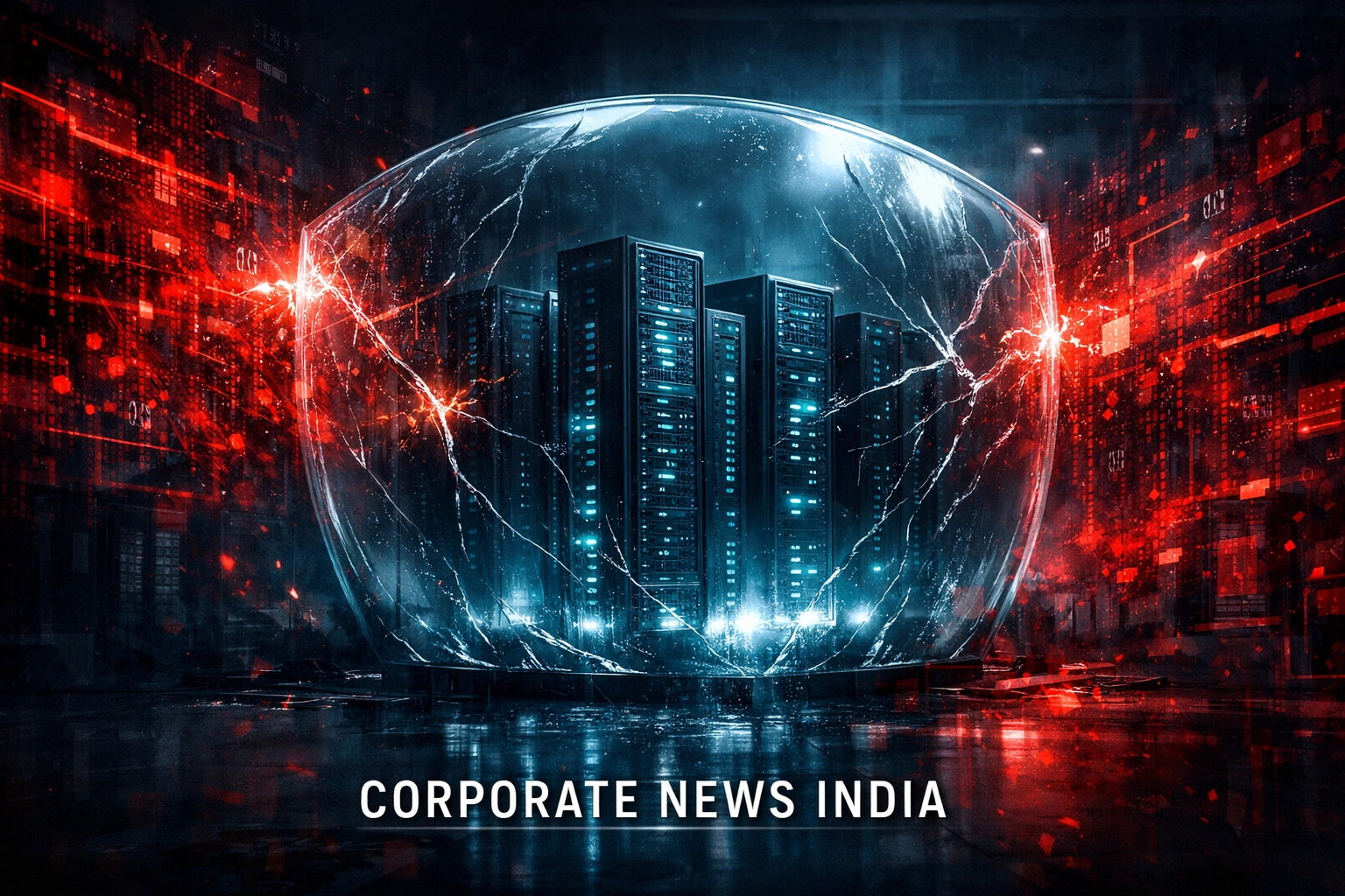 Digital shield protecting servers from regulatory pressure, highlighting legal accountability in corporate news India.