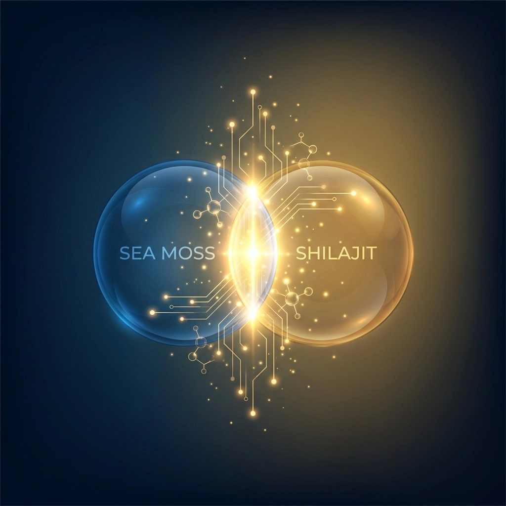 Visualization of sea moss and shilajit synergy, showing enhanced nutrient absorption and mineral vitality