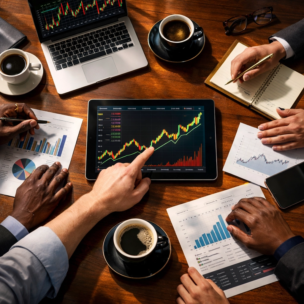 Diverse investors collaborating on wealth strategies with financial charts and market data